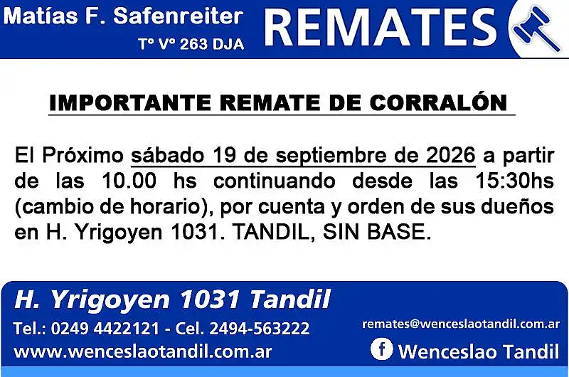 dos Importante remate de corralón sábado 19 de septiembre de 2026